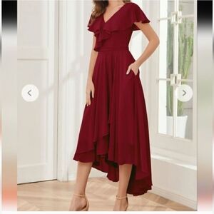 Elegant Burgundy Ruffle Dress Size S